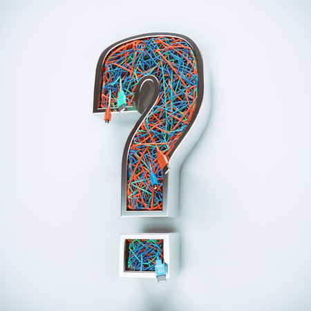 3d Question mark with tangled cables inside. Difficult dilemma and confusion concept. This is a 3d...