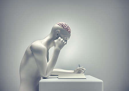 Thoughtful man writing with his brain out of head. Inspiration and strategy concept. This is a 3d render illustrationの写真素材