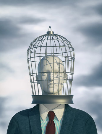 Businessman with a bird cage head. Mindset change and freedom concept. This is a 3d render...