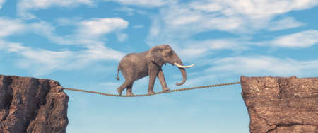 Elephant walks on slackline rope above a gap between two mountain peaks. Risk taking and destination concept.  This is a 3d render illustrationの素材 [FY310181498047]