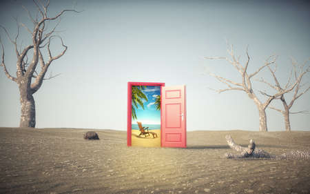 Opened door in the desert to the tropical beach. Different approach and positive thinking concept.This is a 3d render illustrationの写真素材
