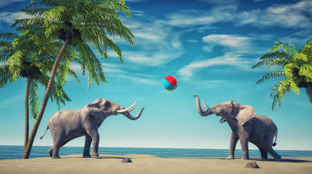 Elephants playing with a ball on tropical beach. Vacation and happiness concept.  This is a 3d render illustrationの写真素材