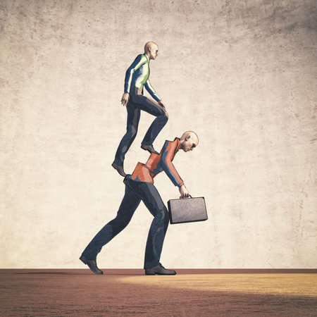 Man climb a man on the stairs. Financial support and family business concept. This is a 3d render illustrationの写真素材
