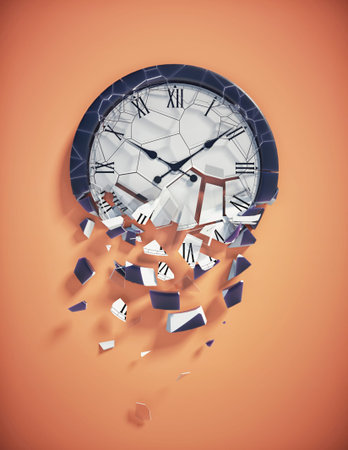 Broken clock on wall. Deadline and time wasting concept. This is a 3d render illustration