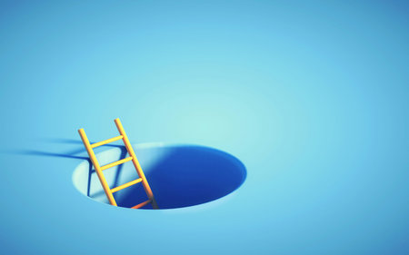 Ladder rises up from a hole in the ground. Escape and growth concept . This is a 3d render...