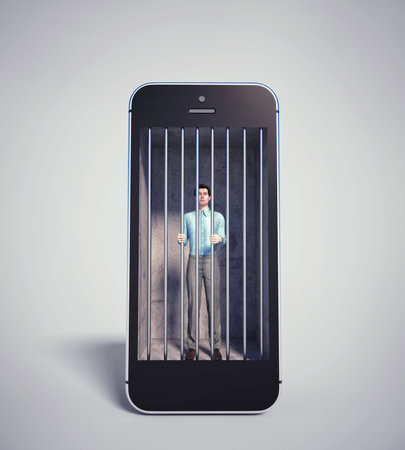 Man inside a phone prison. Phone addiction and anxiety concept. This is a 3d render illustration