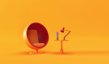 Modern chair and table on orange studio background. This is a 3d render illustration