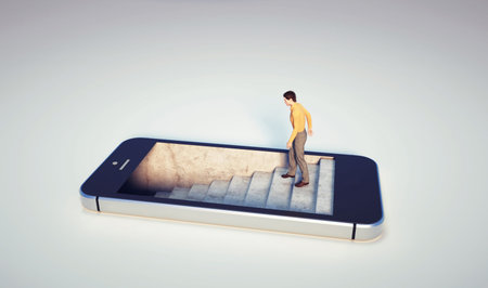 Man on stairs inside a smartphone. Social media and addiction concept. This is a 3d render...