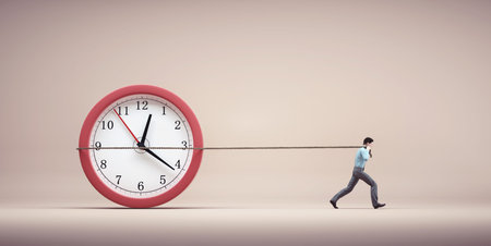 Man drag a clock with a rope. Deadline and time pressure concept. This is a 3d render illustration.