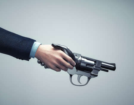 Hand holding a gun. Karma and expectation concept. This is a 3d render illustrationの写真素材