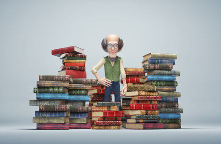 Old man next to a stack of books. Professor. Mentorship and education concept. This is a 3d render...