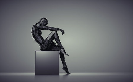 Man made of polygons posing on a cube. Contemplation and chaotic thoughts concept. This is a 3d...