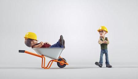 Worker sleeping in a wheelbarrow while his boss sees him. Escape 9 to 5 concept. This is a 3d render...