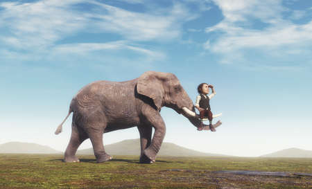 Elephant carries a small old man. Friendship and support concept. This is 3d render illustrationの写真素材
