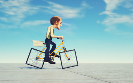 Old man rides a bike with square wheels. Be different and life journey concept. This is 3d render...