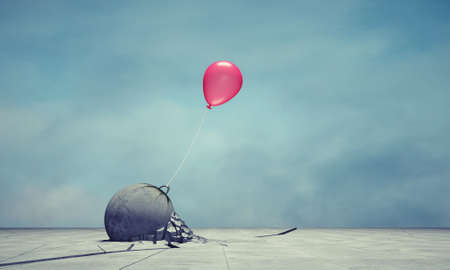 Fallen stone tied by a balloon . Trial and error. Motivation concept. This is 3d render illustrationの写真素材