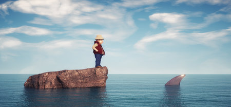 Man standing on a rock in the middle of ocean surrounded by sharks. This is a 3d render illustrationの写真素材