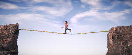 Man walking in balance on the rope over the mountains. This is a 3d render illustration