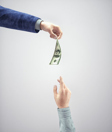 Hand holding money above one hand raising for it. Investment and mentorship concept. This is a 3d render illustrationの写真素材