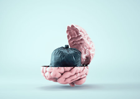 Half brain with a trash bag inside. Toxic mentality and negativity concept. This is a 3d render...