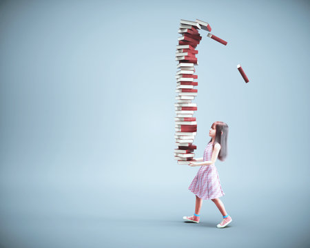 Girl carries a stack of books. Diploma and knowledge concept. This is a 3d render illustrationの写真素材