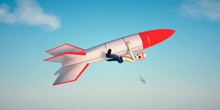 Man flying above clouds with a rocket. Launch start up business concept. This is a 3d render illustrationの写真素材