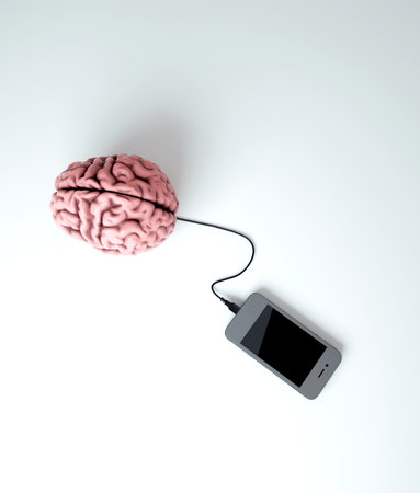 Smart phone connected to human brain.  Dependent concept. This is a 3d render illustrationの写真素材