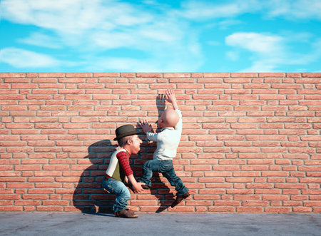 Man helped to climb a wall. The concept of friendship and help. This is a 3d render illustrationの写真素材