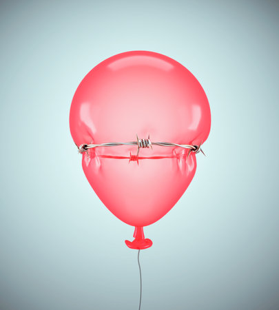 Balloon tied by a barbed wire. Stress and pain concept. This is a 3d render illustrationの写真素材