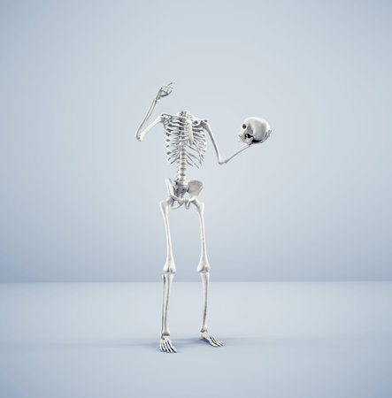 Skeleton holds his own head . Self awareness concept. This is 3d render illustration