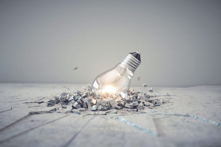 Fallen lightbulb breaking the ground . Brilliant idea and solid plan concept.  This is 3d render...