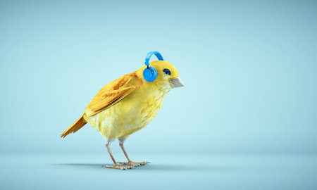 Little bird listens music. This is 3d render illustrationの写真素材