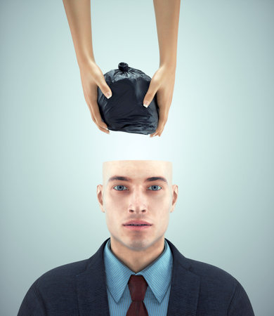 Trash bag into a human head. Toxic mentality and brainwashed concept. This is 3d render illustrationの写真素材