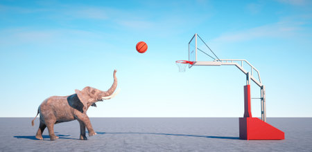 Elephant takes a shot at basketball. Fitness and creative concept. This is a 3d render illustrationの写真素材