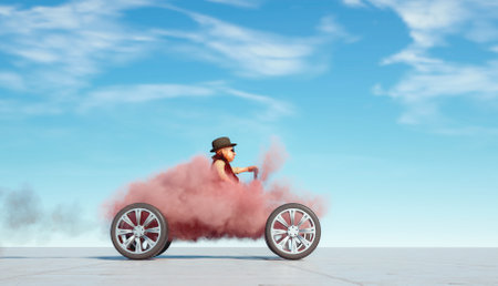 Old man drives a cloud. Dreaming and journey concept. This is a 3d render illustrationの写真素材