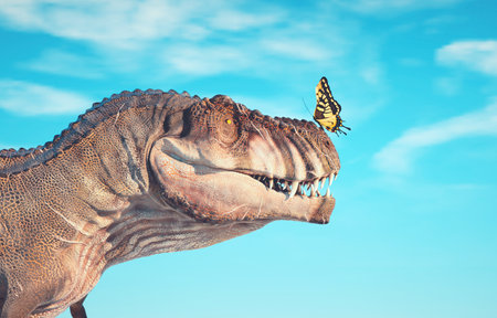 Butterfly on a dinosaur. This is a 3d render illustrationの写真素材