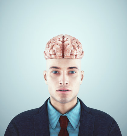 Man with half a head and a visible brain. Wisdom and smart thinking concept. This is a 3d render illustrationの写真素材