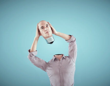 Man remove his head as a lightbulb. Brainstorm and creative concept. This is a 3d render illustrationの写真素材