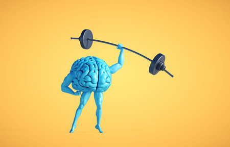 Blue human brain lifting weight. Private lessons and knowledge concept. This is a 3d render illustrationの写真素材