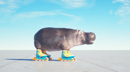 Hippopotamus goes on rollers. This is a 3d render illustrationの写真素材