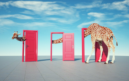 Giraffe enters a door and comes out of another. Opportunities and curiosity concept. This is a 3d render illustrationの写真素材