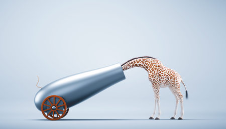 The giraffe puts its head in a cannon. The image is a powerful and evocative representation of courage, defiance, and the human (or animal) spirit in the face of adversity. This is a 3d render illustrationの写真素材