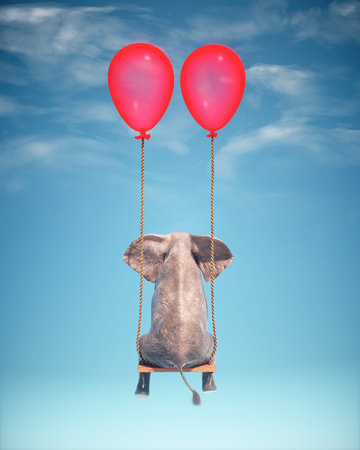Elephant sitting on a swing. Freedom and happiness concept. This is a 3d render illustrationの写真素材