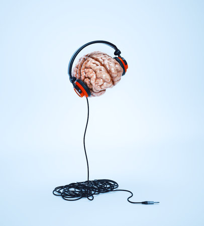 Human brain listens music. Creativity and happiness concept. This is a 3d render illustrationの写真素材