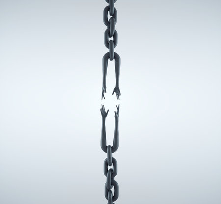 Broken chain with arms reaching to eachother. Support and team work concept. This is a 3d render illustrationの写真素材