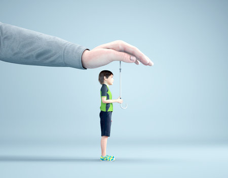 A hand covering the head in the shape of an umbrella. Protection concept.  This is a 3d render illustrationの写真素材