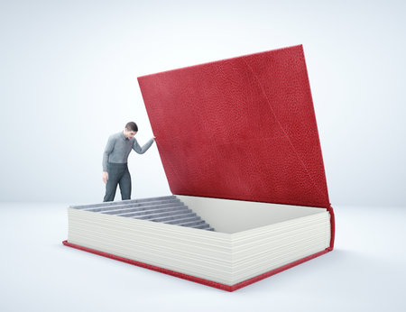 Man on stairs inside a book. Discovery and education concept. This is a 3d render illustrationの写真素材