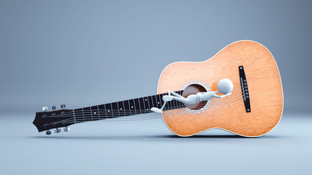3d man on the strings of a guitar. The silence of the music. This is a 3d render illustration