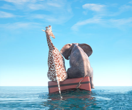Elephant and giraffe on a luggages in the ocean.  Shipwrecked. This is a 3d render illustrationの写真素材