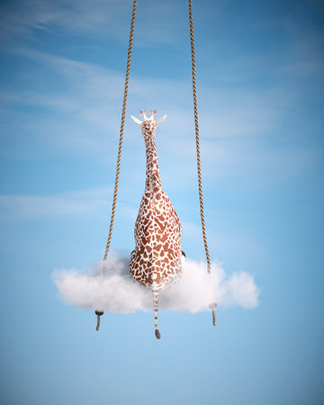 Giraffe sitting on a swing. Freedom and happiness concept. This is a 3d render illustrationの写真素材